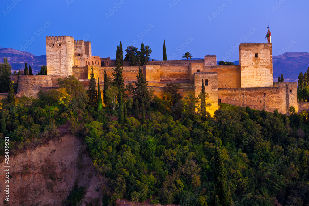 Alhambra de Granada. Panoramic of the Alcazaba at dusk.