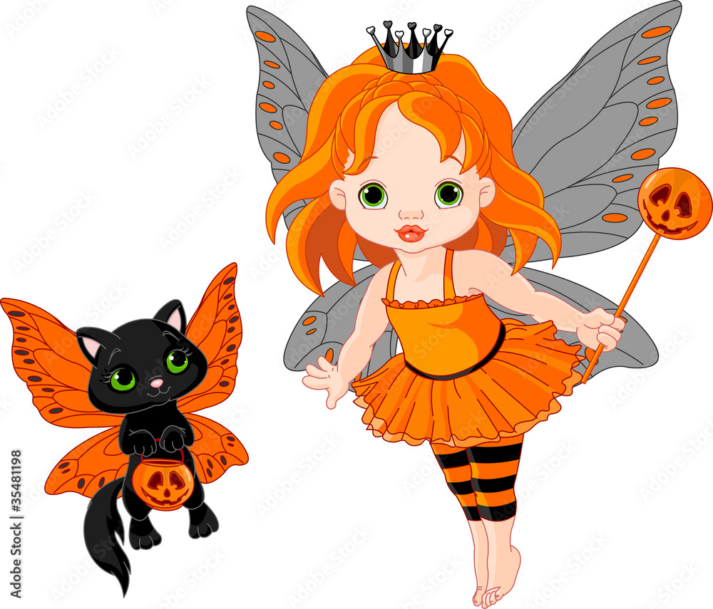 Plakat Śliczna Halloweenowa dziecko czarodziejka i kot