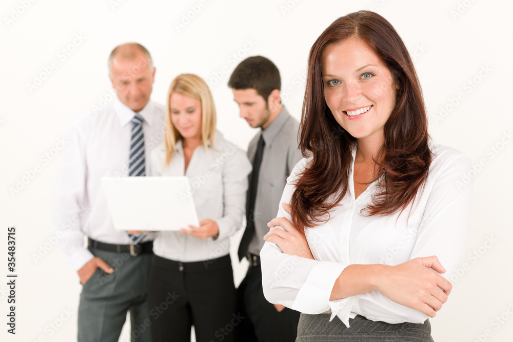 Business woman pretty with colleagues discussing Business woman pretty with colleagues discussing