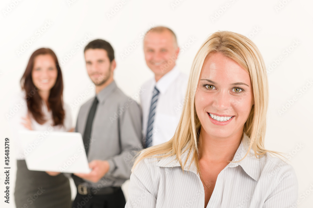 Business woman pretty with colleagues posing Business woman pretty with colleagues posing