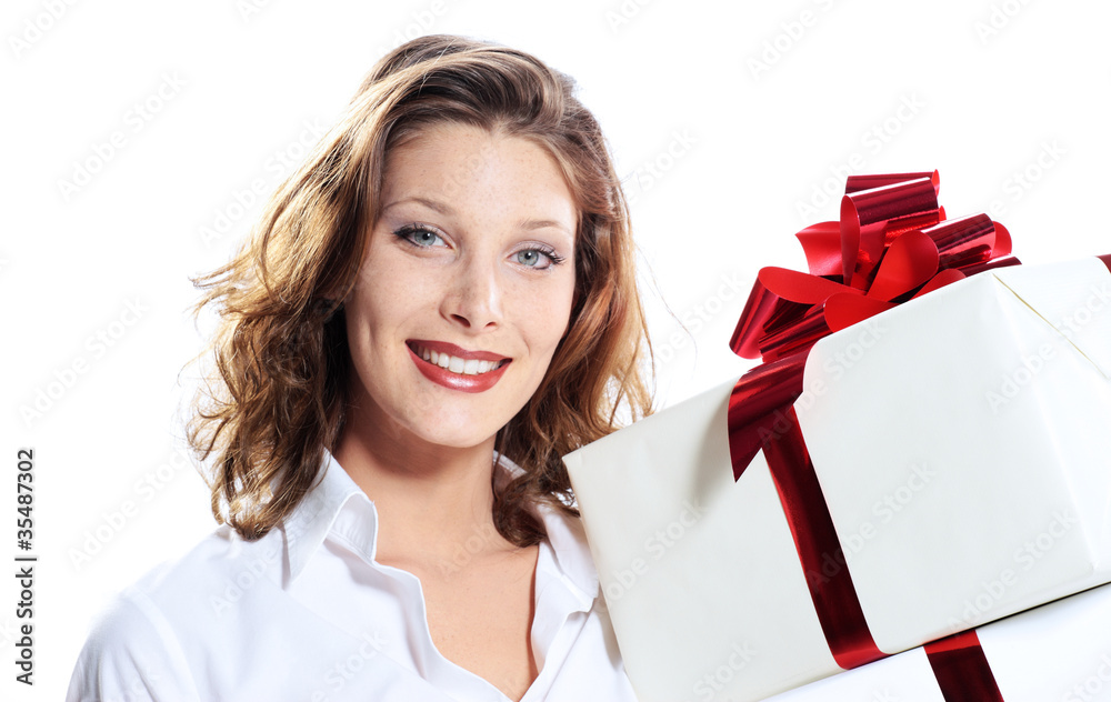 attractive young woman with gift pack, white background attractive young woman with gift pack, white background