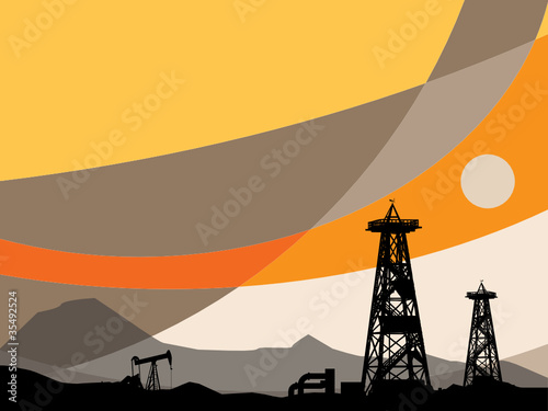 Oil rig silhouettes and abstract sky, vector illustration