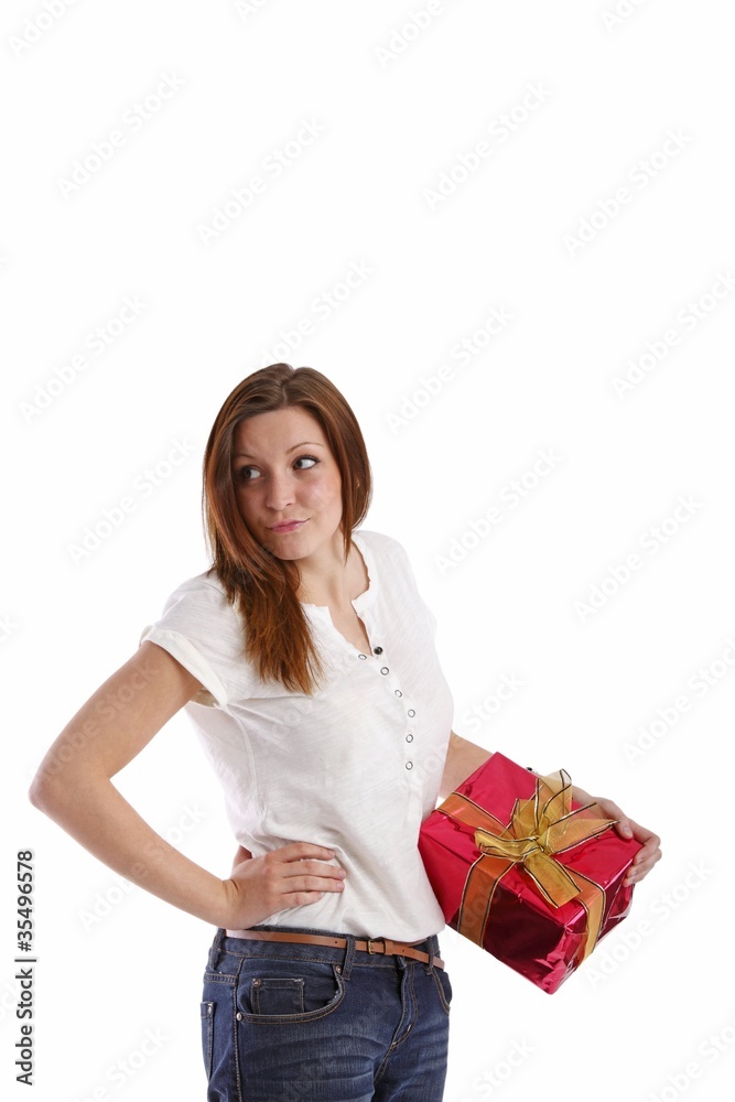 beautiful young woman with a red present (white background) beautiful young woman with a red present (white background)