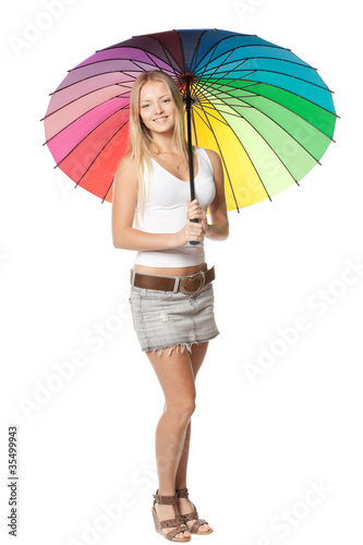 Full length portrait of female standing under umbrella