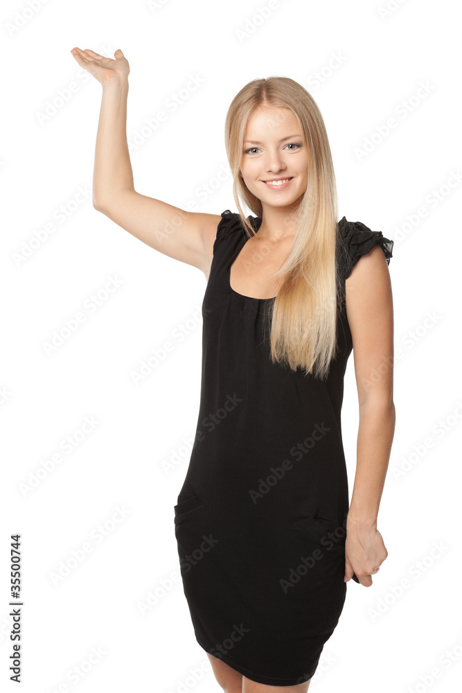 Business woman showing copy space placed upwards Business woman showing copy space placed upwards