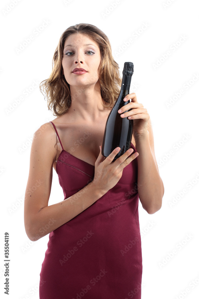 young attractive woman with a bottle of sparkling wine young attractive woman with a bottle of sparkling wine