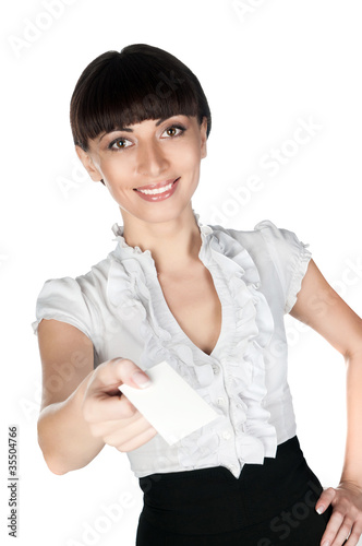 woman holding a white business card