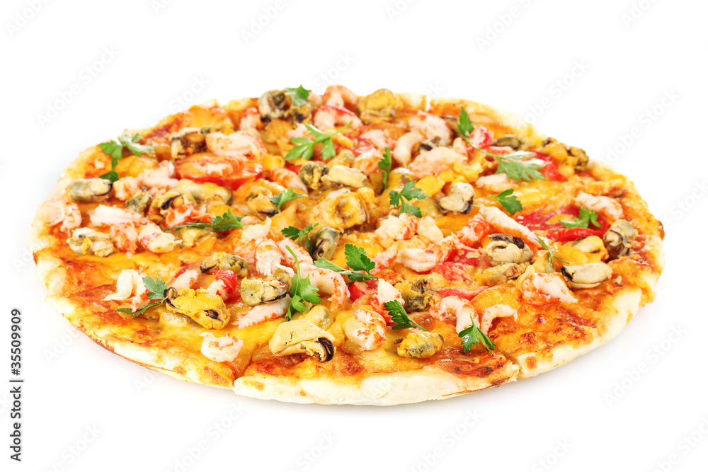 Delicious pizza with seafood  isolated on white