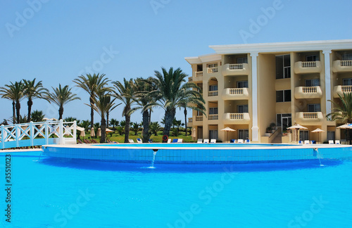 Luxury Resort Pool and hotel garden in Tunisia.