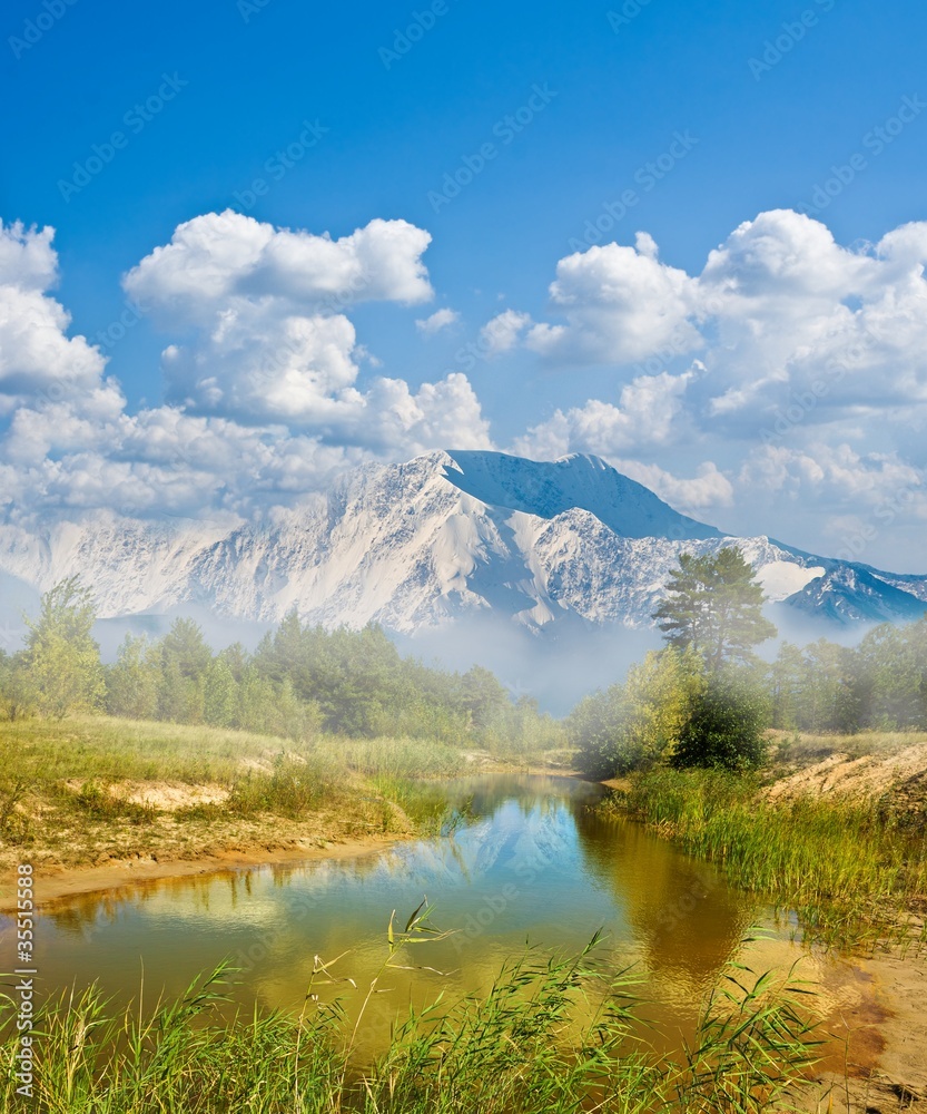 fantasy landscape  blue lake and mountain ridge