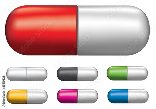 Set of different coloured tablet capsules