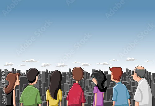Group cartoon people looking / staring at big city