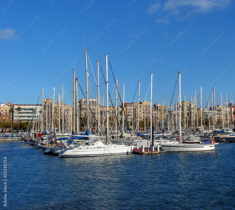 panorama of port and quay in Barcelona, Port Vell, Spain, Catalo