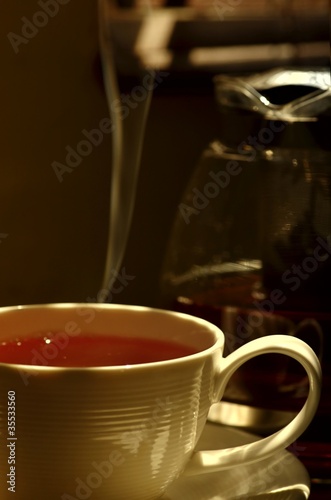 Hot tea in dramatic morning light