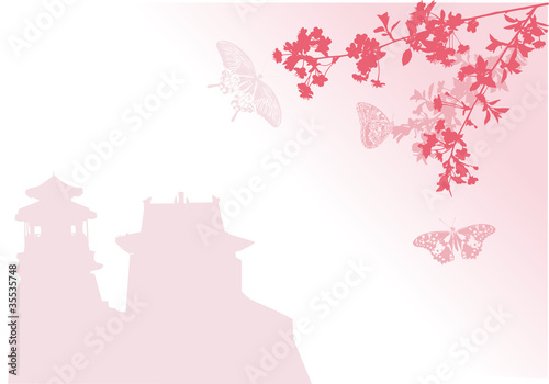 pink pagoda silhouette and sakura blossom