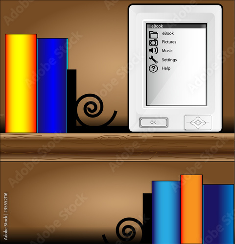 Bookcase with colorful books and ereader
