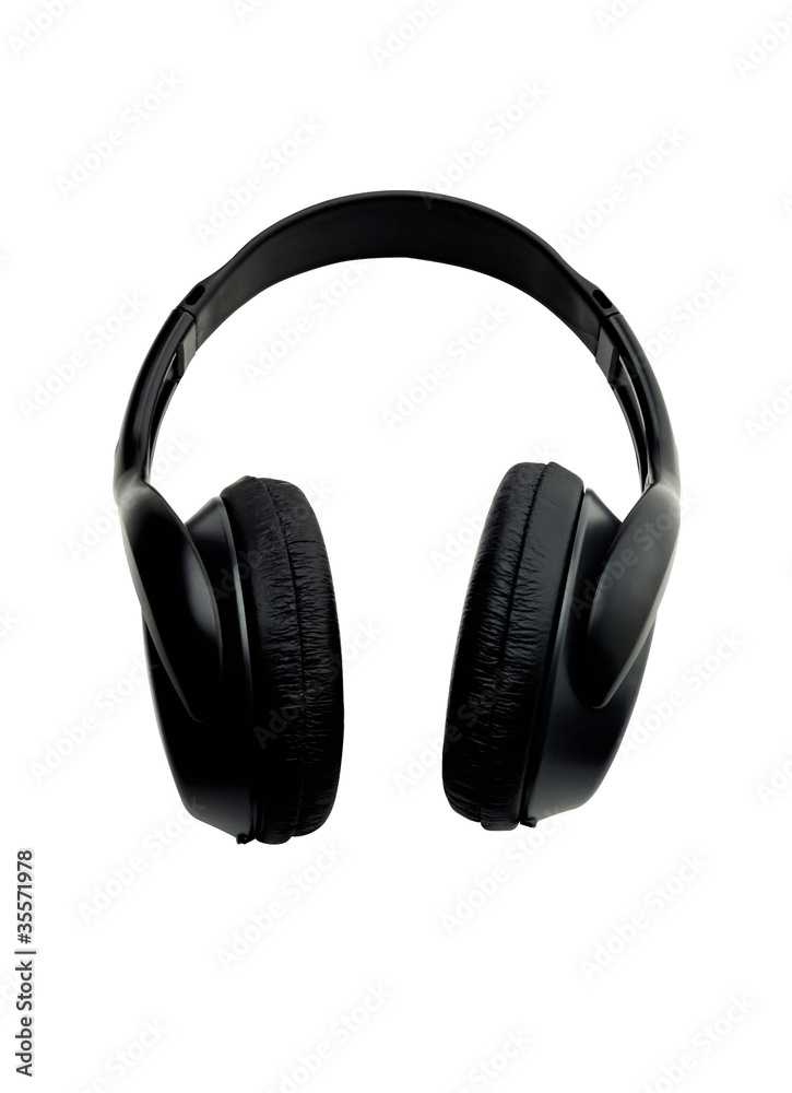 Black leather earphones isolated on the white background Black leather earphones isolated on the white background