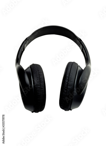 Black leather earphones isolated on the white background