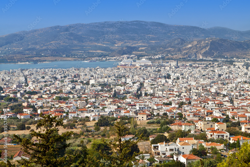 Volos city as it is seen from Portaria of Pelion in Greece.