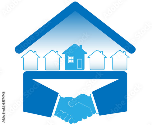 blue sign with handshake and many houses