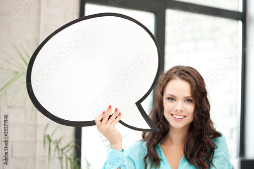 smiling woman with blank text bubble