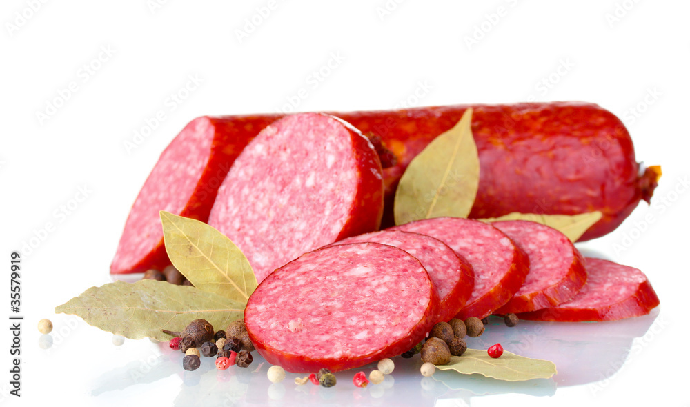 Tasty sausage and spices isolated on white