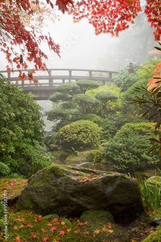 Canvas Print Rock and Bridge at Japanese Garden