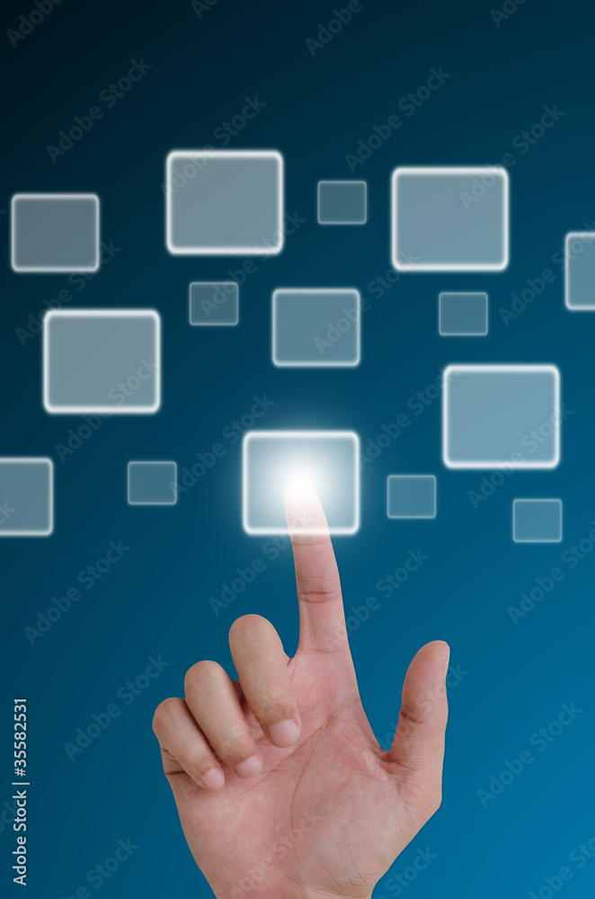 hand pushing a button on a touch screen interface. hand pushing a button on a touch screen interface.