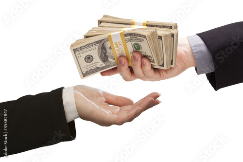 Handing Over Cash to Other Hand on White
