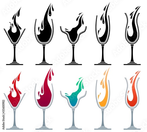 Glasses with different drinks. Colour and monochrome versions.