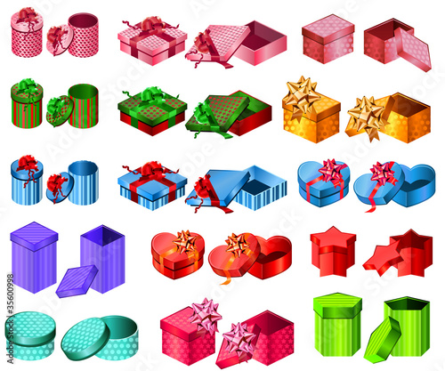 Big collection of gift boxes. Different shape and color.