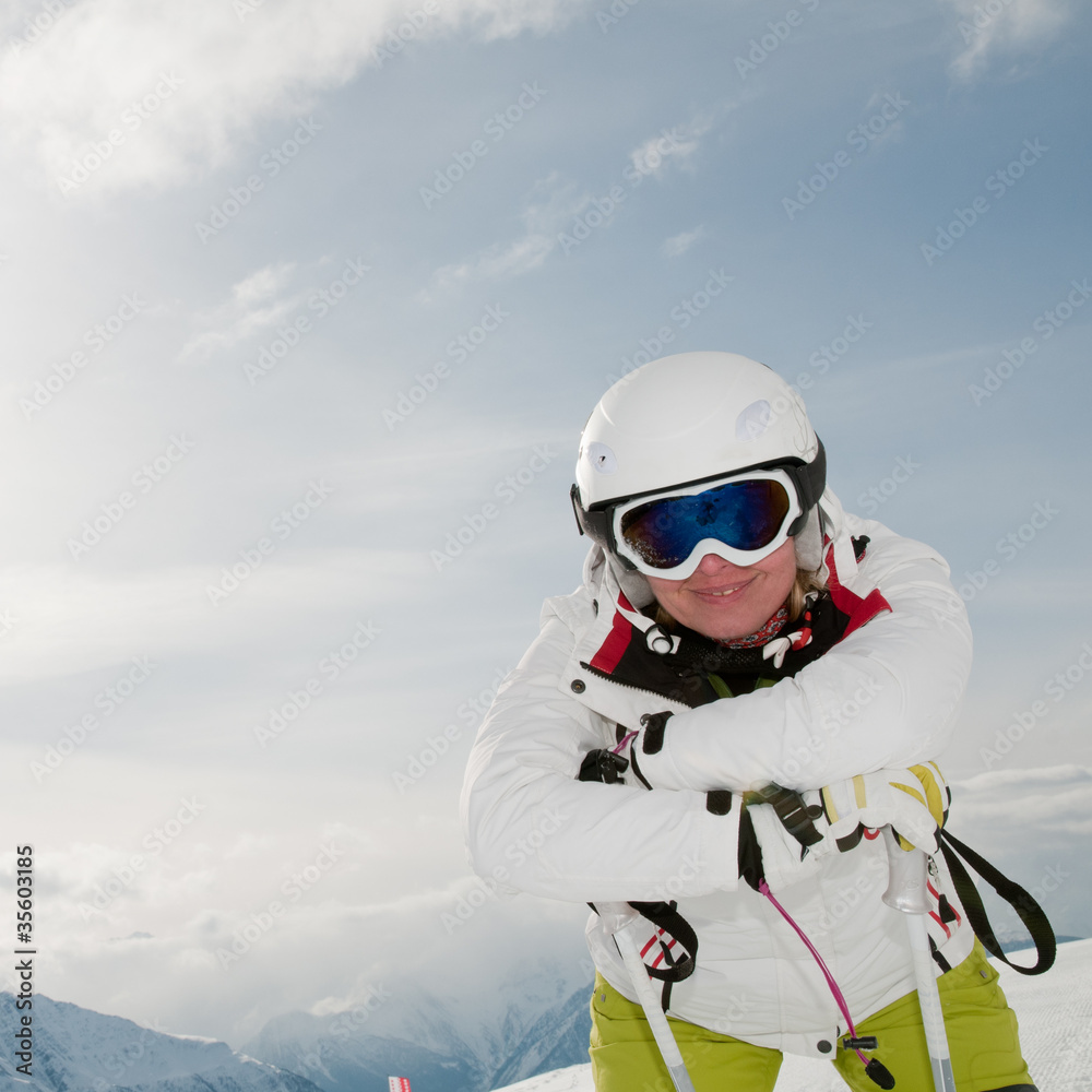 Skiing - portrait of female skier (copy space)