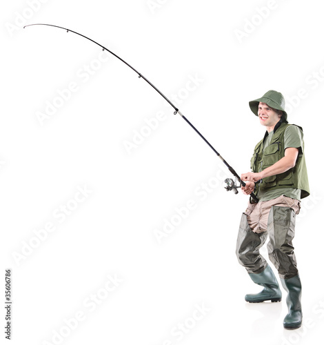 Full length portrait of a fisherman holding a fishing pole