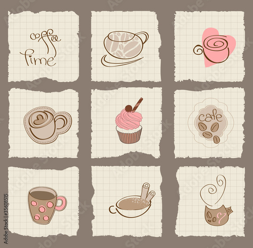 Coffee Design Elements on torn Paper - for scrapbook, design, in