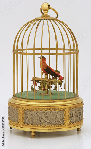 Bird in a vintage gold musical cage photo