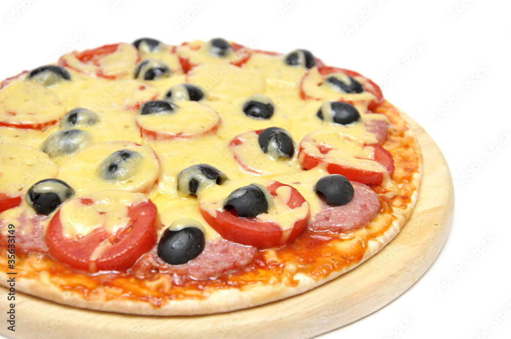 Pizza with tomatoes, sausage and olives Pizza with tomatoes, sausage and olives