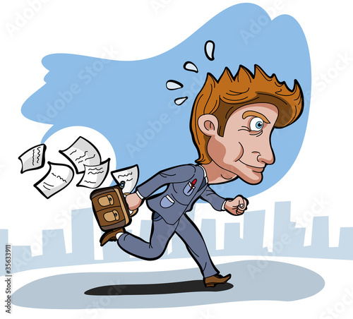 Business man running with suitcase and papers