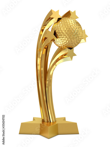 Golden trophy with golf ball and stars photo