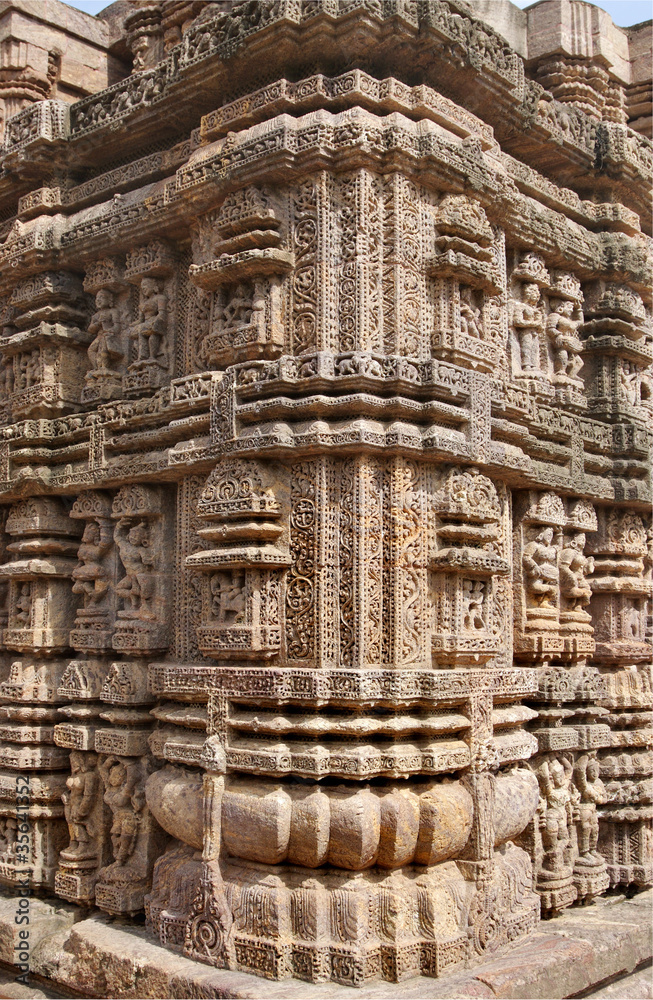 Exquisite carving and sculptures at the corner of the Sun temple Exquisite carving and sculptures at the corner of the Sun temple