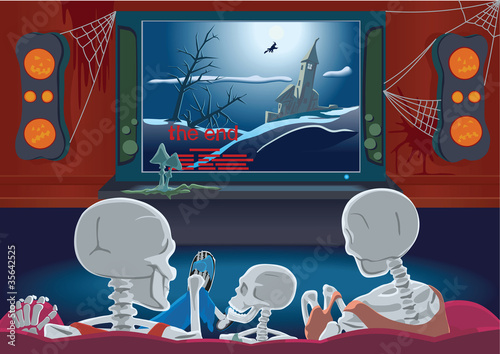 Family of skeletons are watching movie by home cinema