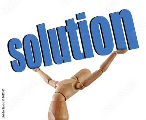 wooden man holds word solution