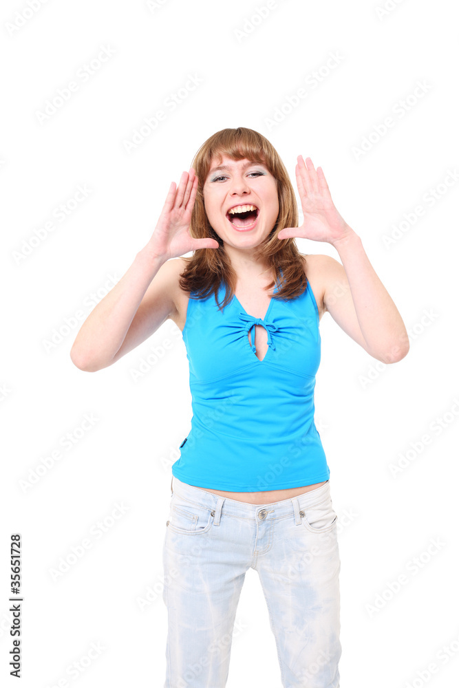 girl loudly shouts. It is isolated on a white background girl loudly shouts. It is isolated on a white background