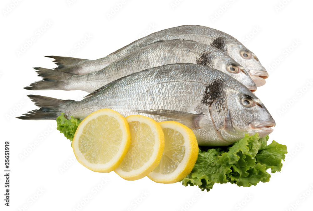 Dorado fish with lemon and greens isolated