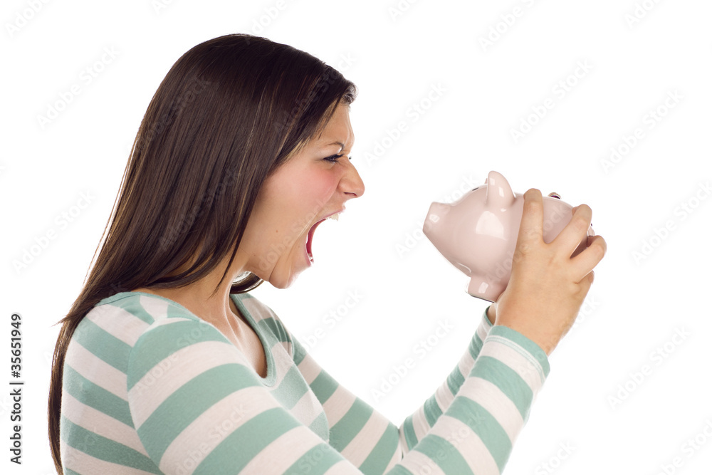 Ethnic Female Yelling At Piggy Bank on White