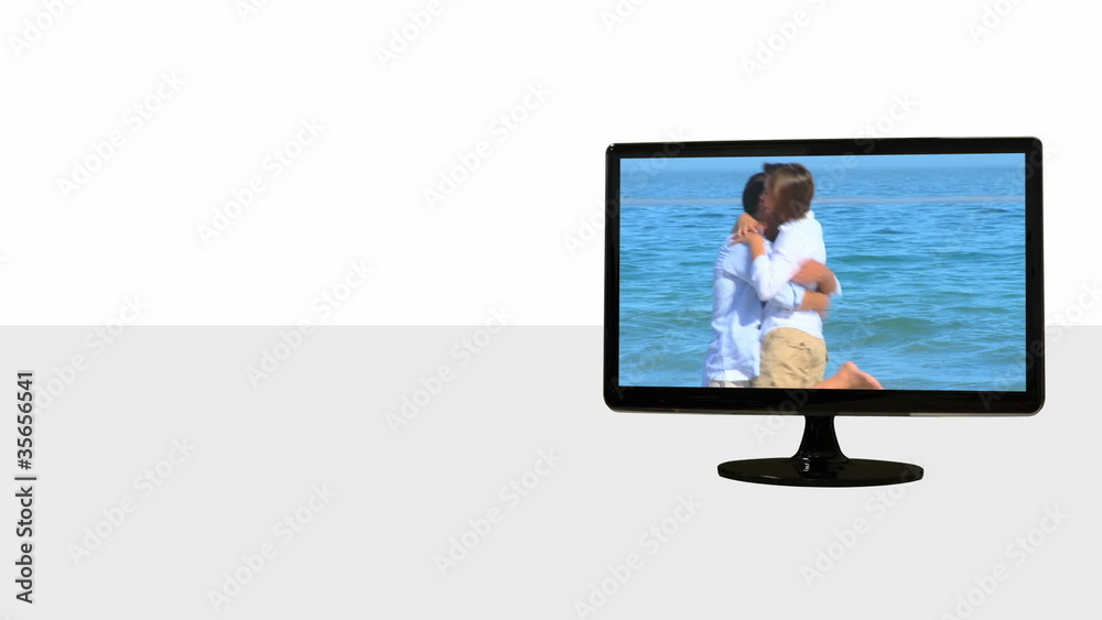 Animated TV screens showing couples