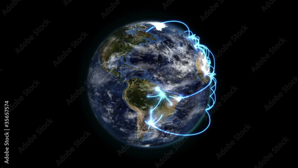 Earth with blue connections turning on itself with moving clouds Earth with blue connections turning on itself with moving clouds