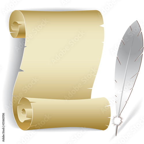 Old paper roll with feather