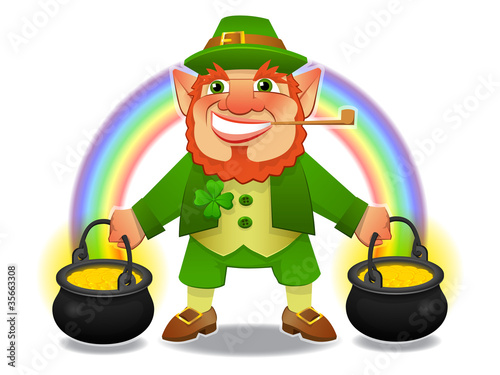 lucky leprechaun with treasure and rainbow
