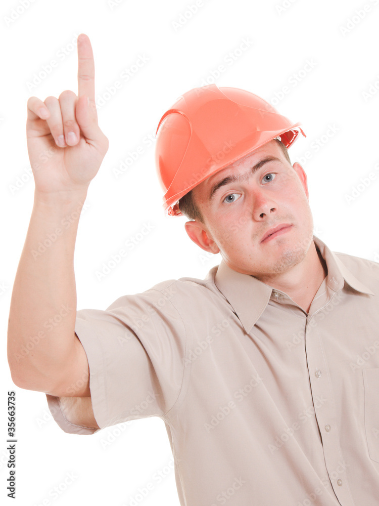 Businessman in helmet pointing up. Businessman in helmet pointing up.