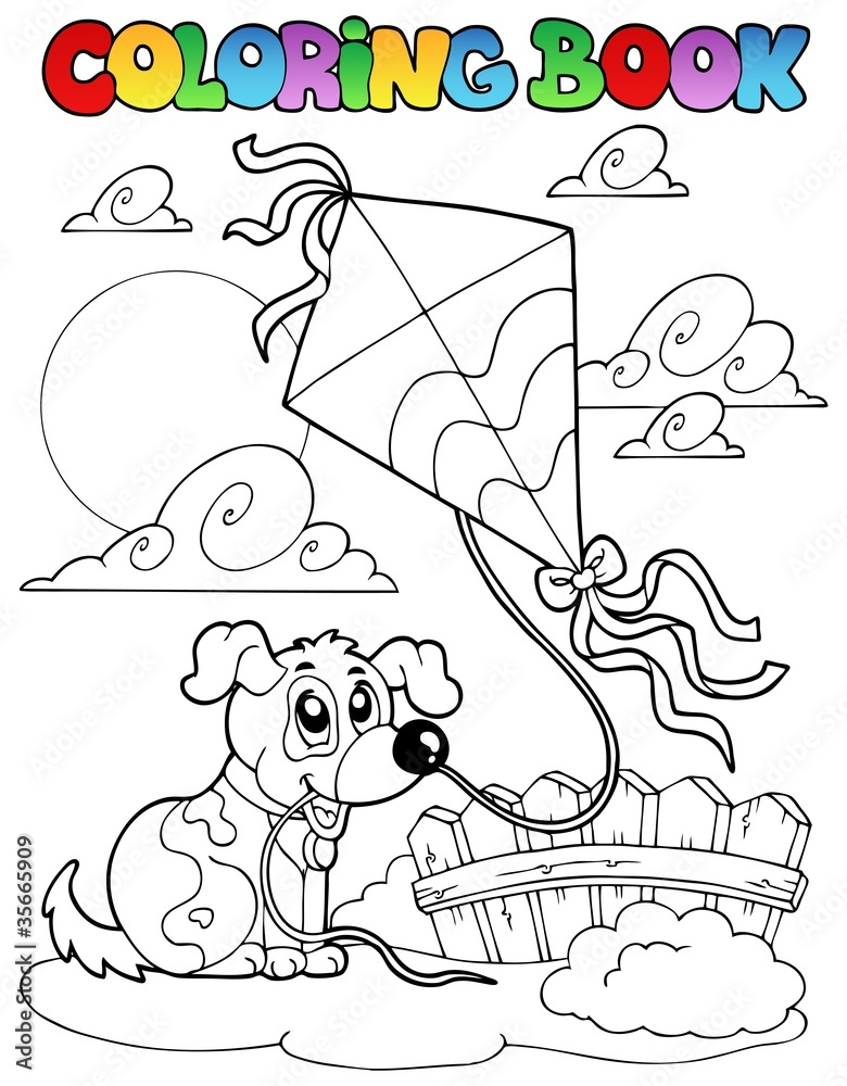 Coloring book with dog and kite